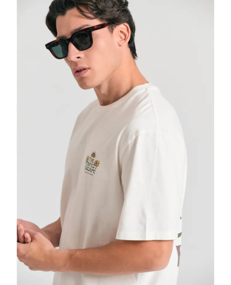FUNKY BUDDHA Relaxed fit t-shirt με tropical τύπωμα στην πλάτη FBM011-089-04 OFF WHITE