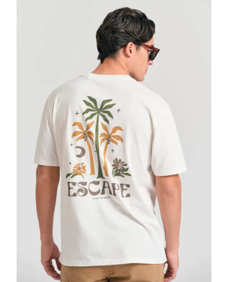 FUNKY BUDDHA Relaxed fit t-shirt με tropical τύπωμα στην πλάτη FBM011-089-04 OFF WHITE
