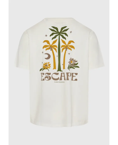 FUNKY BUDDHA Relaxed fit t-shirt με tropical τύπωμα στην πλάτη FBM011-089-04 OFF WHITE