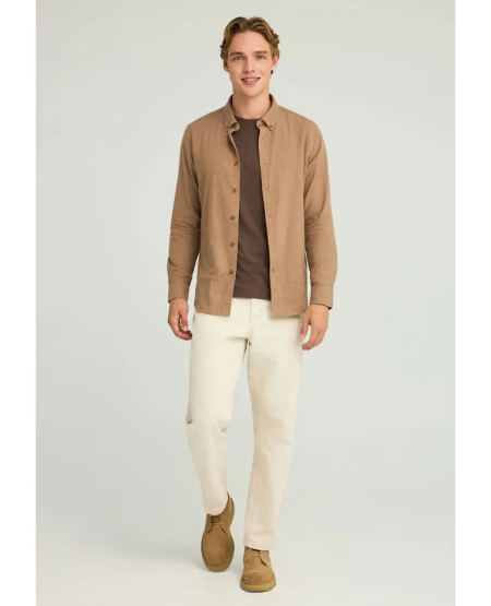 FUNKY BUDDHA Ανδρικό oxford πουκάμισο με button-down γιακά - The Essentials FBM012-046-05 CIGAR MEL FW25/26