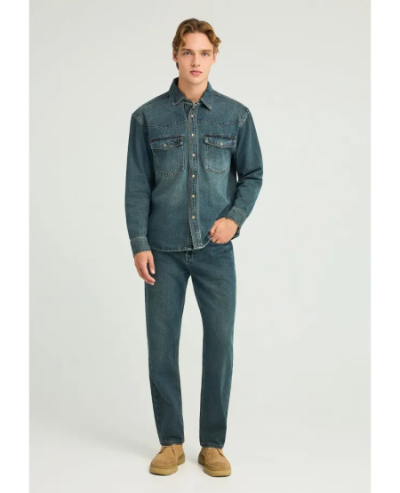 FUNKY BUDDHA Oversized fit ανδρικό πουκάμισο με τσέπες στο στήθος FBM012-066-05 DIRTY BLUE