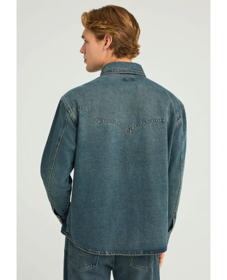FUNKY BUDDHA Oversized fit ανδρικό πουκάμισο με τσέπες στο στήθος FBM012-066-05 DIRTY BLUE