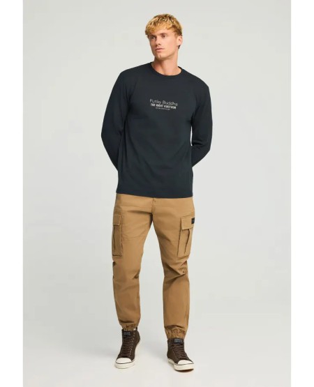 FUNKY BUDDHA Μακρυμάνικη μπλούζα με branded τύπωμα FBM012-003-07 BLACK FW25/26