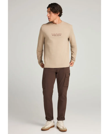FUNKY BUDDHA Μακρυμάνικη μπλούζα με branded τύπωμα FBM012-003-07 LT CIGAR FW25/26