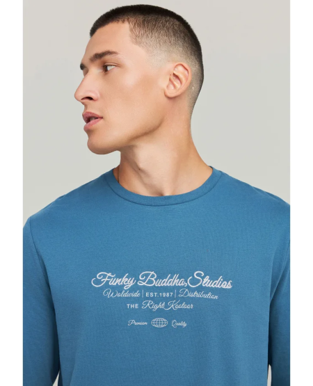 FUNKY BUDDHA Μακρυμάνικο T-shirt με Funky Buddha τύπωμα στο στήθος FBM012-004-07 INDIAN TEAL