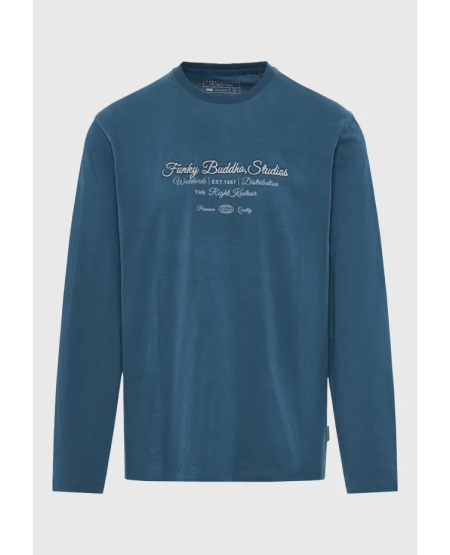 FUNKY BUDDHA Μακρυμάνικο T-shirt με Funky Buddha τύπωμα στο στήθος FBM012-004-07 INDIAN TEAL