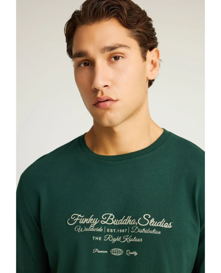 FUNKY BUDDHA Μακρυμάνικο T-shirt με Funky Buddha τύπωμα στο στήθος FBM012-004-07 PINE GREEN MEL