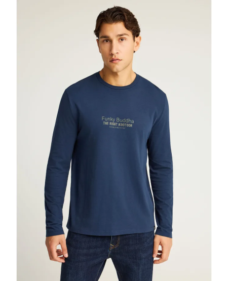 FUNKY BUDDHA Μακρυμάνικη μπλούζα με branded τύπωμα FBM012-003-07 NAVY FW25/26
