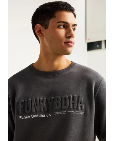 FUNKY BUDDHA Ανδρικό φούτερ λαιμόκοψη με τυπωμένο logo FBM012-008-06 DK GREY