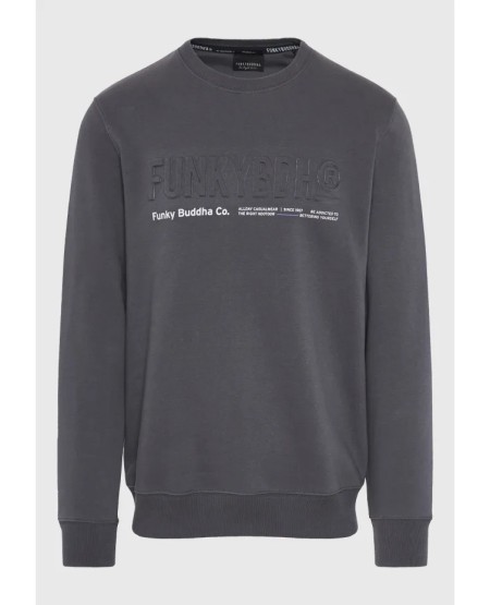 FUNKY BUDDHA Ανδρικό φούτερ λαιμόκοψη με τυπωμένο logo FBM012-008-06 DK GREY