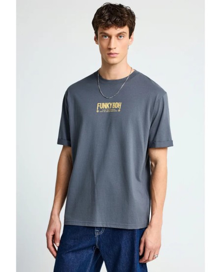 FUNKY BUDDHA T-shirt with text print on the back FBM013-051-04 DK GREY