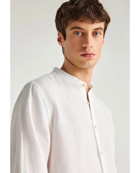 FUNKY BUDDHA Ανδρικό λινό πουκάμισο - The essentials FBM013-003-05 WHITE