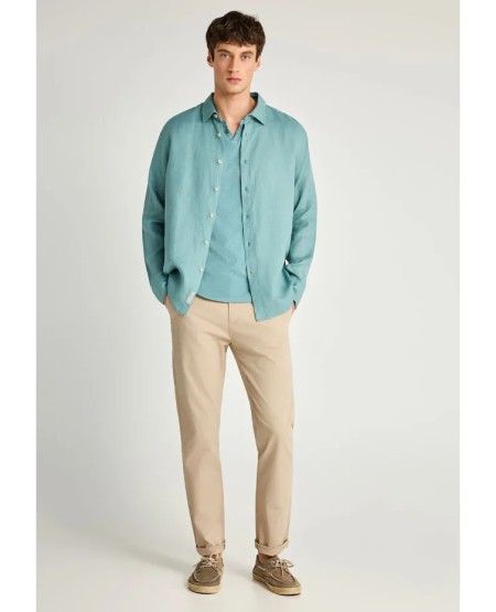 FUNKY BUDDHA Ανδρικό λινό πουκάμισο - The essentials FBM013-001-05 MINERAL BLUE
