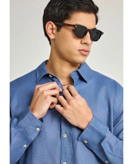 FUNKY BUDDHA Ανδρικό λινό πουκάμισο - The essentials FBM013-001-05 INDIGO