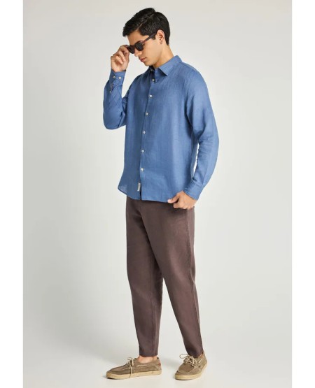 FUNKY BUDDHA Ανδρικό λινό πουκάμισο - The essentials FBM013-001-05 INDIGO