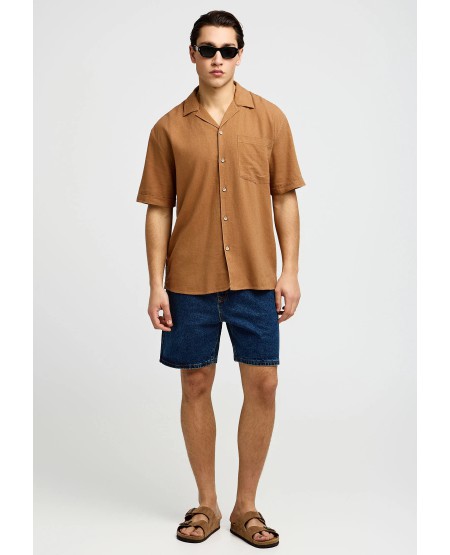 FUNKY BUDDHA Ανδρικό πουκάμισο με κοντό μανίκι - The essentials FBM013-006-05 TOBACCO BROWN
