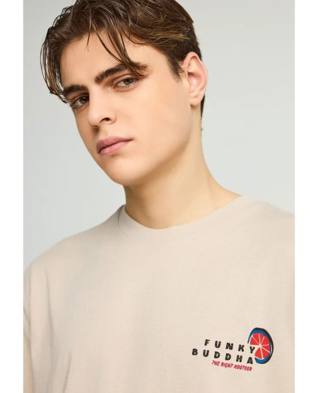 FUNKY BUDDHA  Ανδρικό relaxed t-shirt με τύπωμα στην πλάτη FBM013-087-04 FOG