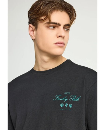FUNKY BUDDHA Ανδρικό βαμβακερό relaxed t-shirt με τύπωμα FBM013-020-04 BLACK