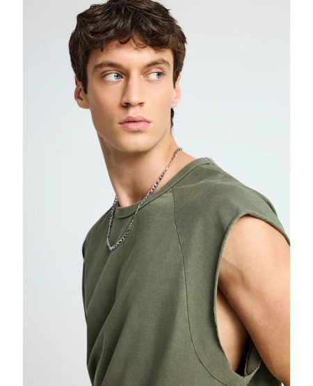 FUNKY BUDDHA  Ανδρικό βαμβακερό oversized αμάνικο t-shirt FBM013-007-04 DEEP FOREST