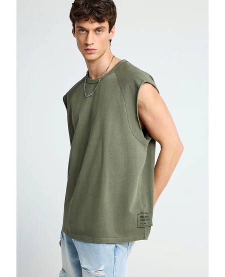 FUNKY BUDDHA  Ανδρικό βαμβακερό oversized αμάνικο t-shirt FBM013-007-04 DEEP FOREST