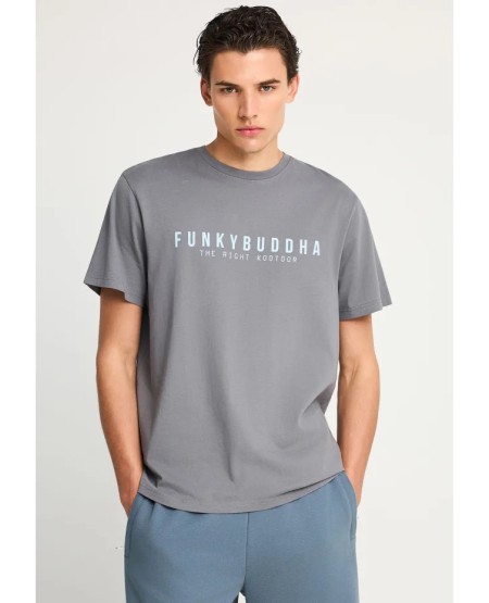 FUNKY BUDDHA Ανδρικό βαμβακερό t-shirt με τύπωμα  FBM013-011-04 STEEL GREY