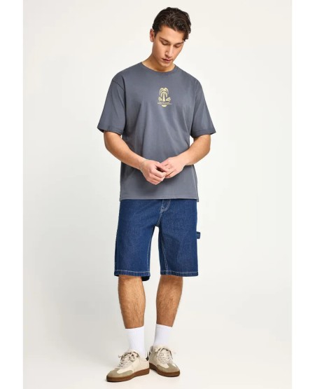 FUNKY BUDDHA  Ανδρικό relaxed t-shirt με τύπωμα στην πλάτη FBM013-048-04 DK GREY