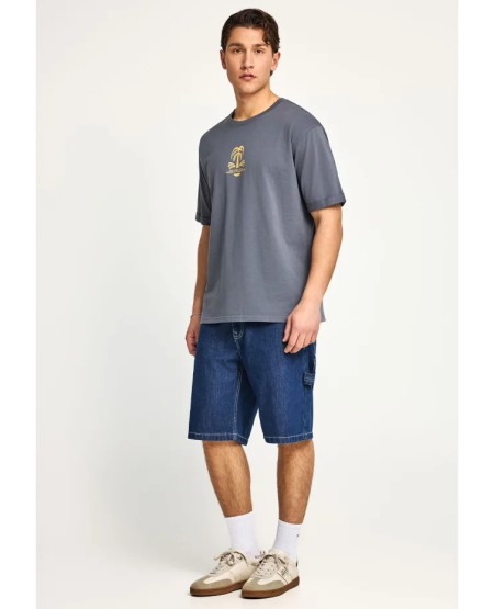 FUNKY BUDDHA  Ανδρικό relaxed t-shirt με τύπωμα στην πλάτη FBM013-048-04 DK GREY