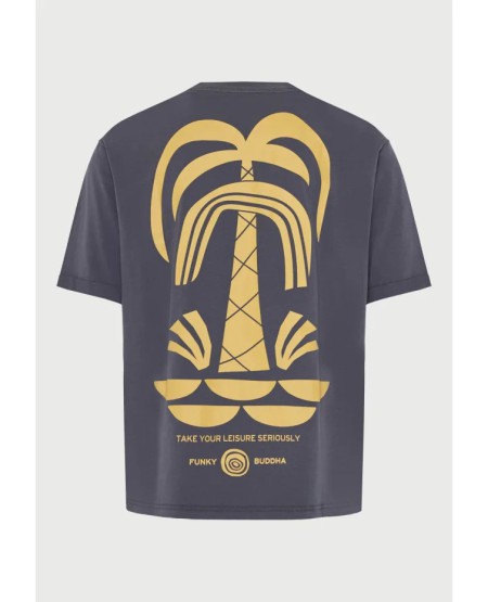 FUNKY BUDDHA  Ανδρικό relaxed t-shirt με τύπωμα στην πλάτη FBM013-048-04 DK GREY