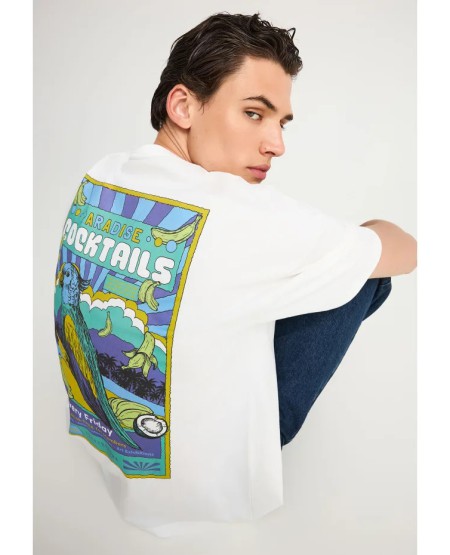 FUNKY BUDDHA Ανδρικό oversized t-shirt με τύπωμα στην πλάτη FBM013-039-04 OFF WHITE