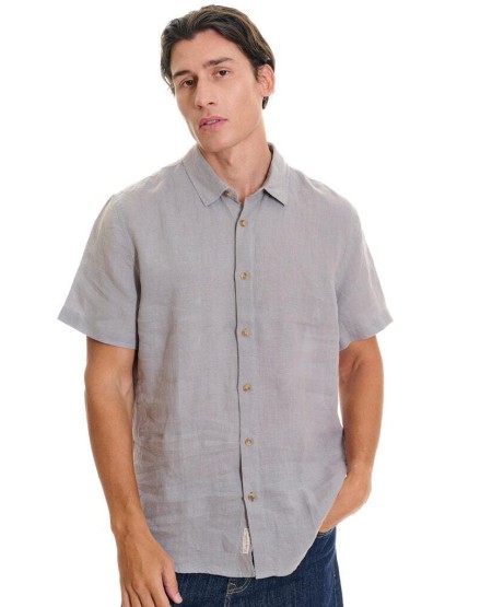 FUNKY BUDDHA Men's short-sleeve linen shirt - The essentials FBM013-002-05 GREY