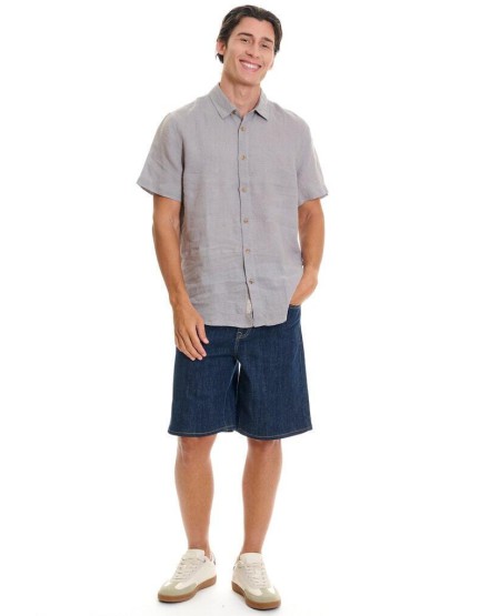 FUNKY BUDDHA Men's short-sleeve linen shirt - The essentials FBM013-002-05 GREY