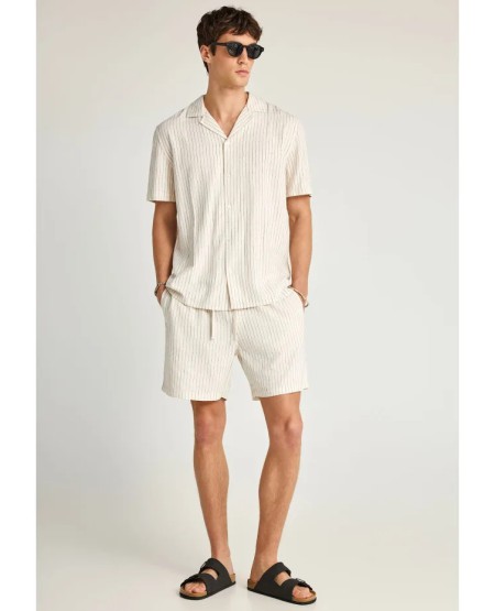 FUNKY BUDDHA  Ανδρικό ριγέ κοντομάνικο πουκάμισο FBM013-058-05 WHITE