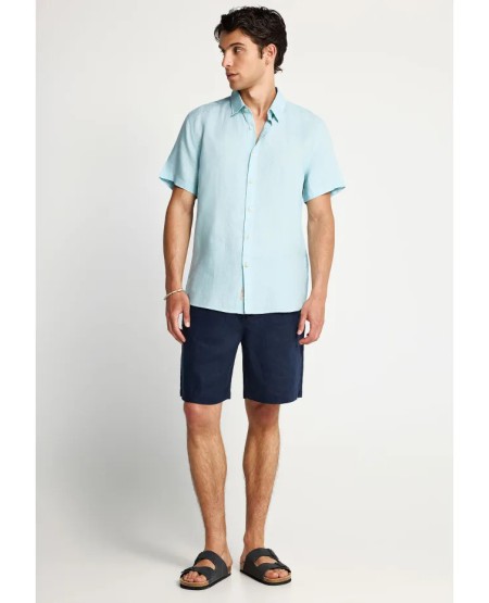 FUNKY BUDDHA Men's short-sleeve linen shirt - The essentials FBM013-002-05 DREAM BLUE